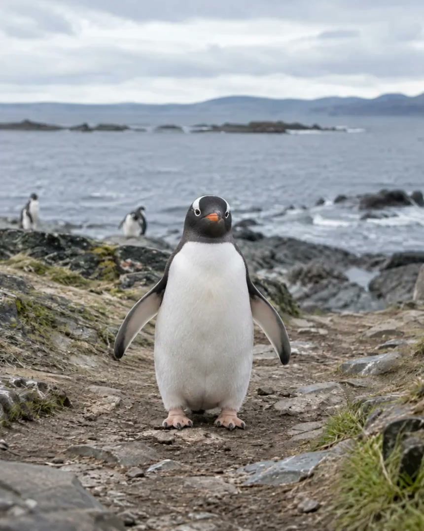 Penguin in a cold coastal landscape