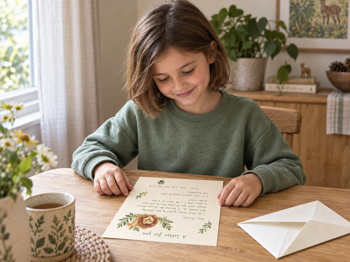 A child reading a paper animal letter at home, with the envelope on the table